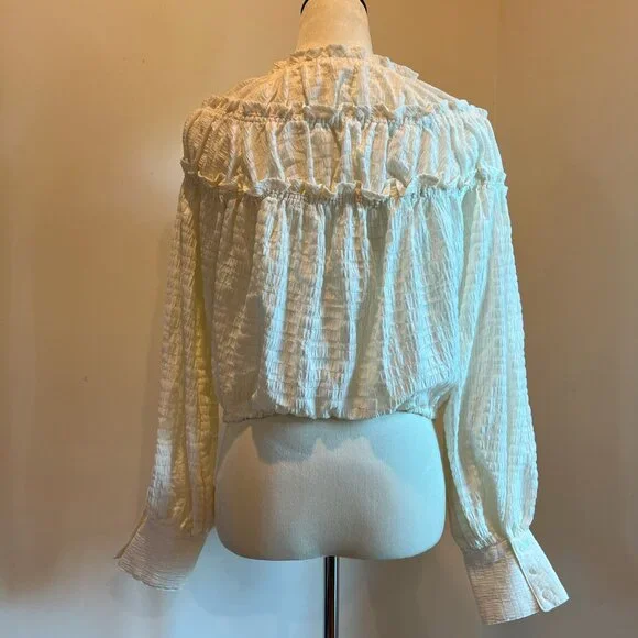 Free People Hailey Crop Long Sleeve Blouse Cuffs Boho Ivory Cream Festival S - Picture 4 of 9